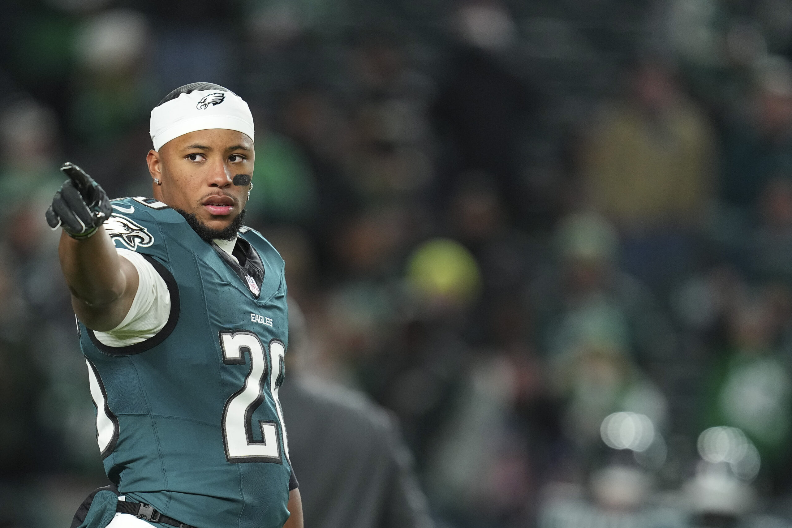 PHILADELPHIA, PENNSYLVANIA - NOVEMBER 14: Saquon Barkley #26 of the Philadelphia Eagles looks on prior to the game against the Washington Commanders at Lincoln Financial Field on November 14, 2024 in Philadelphia, Pennsylvania. (Photo by Mitchell Leff/Getty Images)